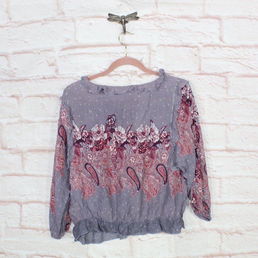 Free People Purple Rayon V-Neck Elastic Waist Peasant Blouse Top Size M - Picture 6 of 9